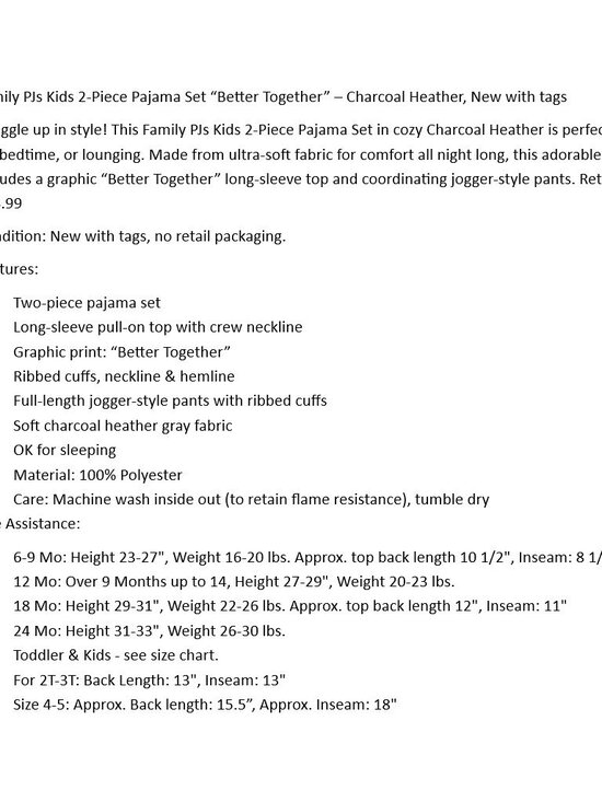 BIN Family PJs Kids 2-Piece Pajama Set “Better Together” – Charcoal Heather NWT - Picture 2 of 7